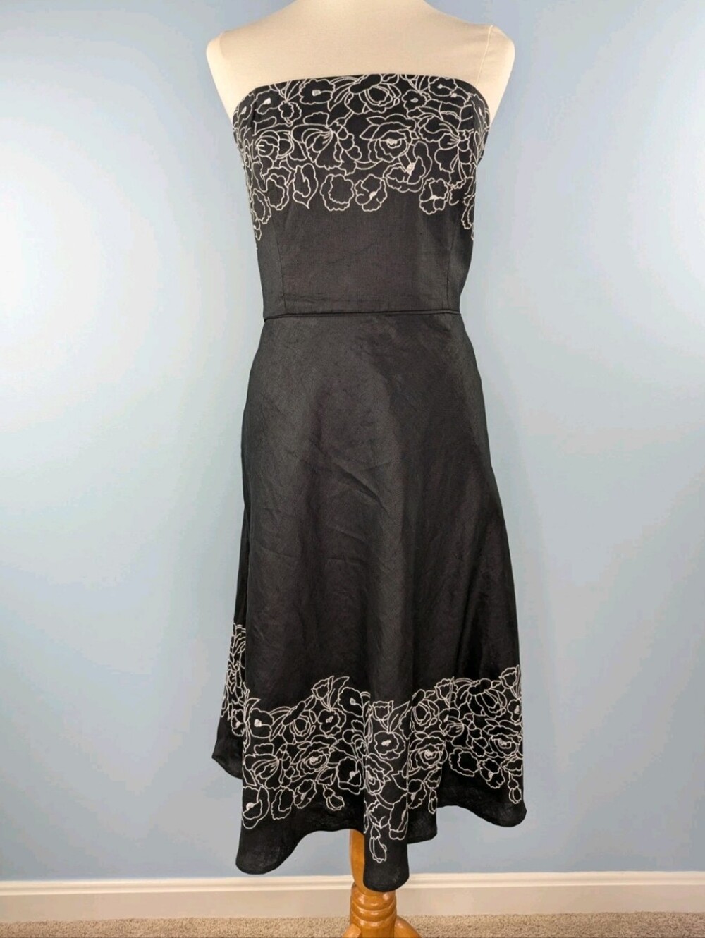 LOFT Linen Strapless Summer Dress Black Floral Fit Flare 12 *See Description